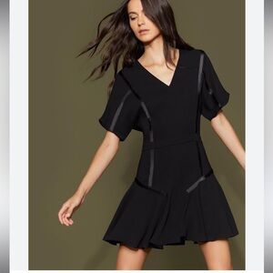 Halston Heritage Short Sleeve V-Neck Satin Trim Flounce Hem Dress Sz6 MSRP$345